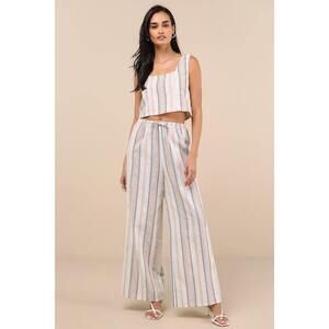 Lulus Raylon White Multi Striped Wide-leg Pants - Size S